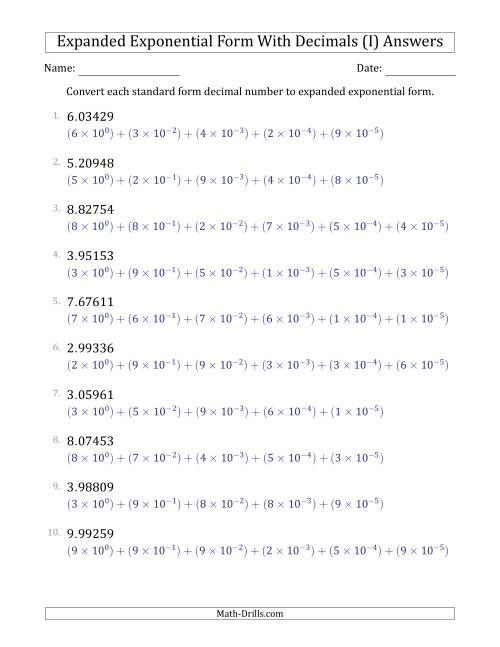 The Converting Standard Form Decimals to Expanded Exponential Form (1-Digit Before the Decimal; 5-Digits After the Decimal) (I) Math Worksheet Page 2
