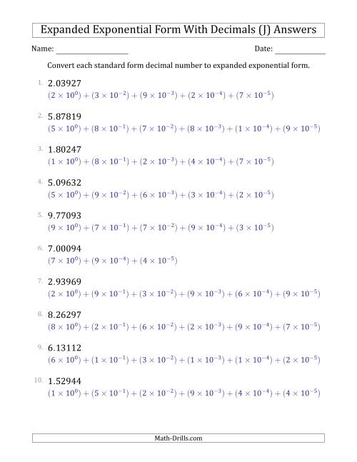 The Converting Standard Form Decimals to Expanded Exponential Form (1-Digit Before the Decimal; 5-Digits After the Decimal) (J) Math Worksheet Page 2