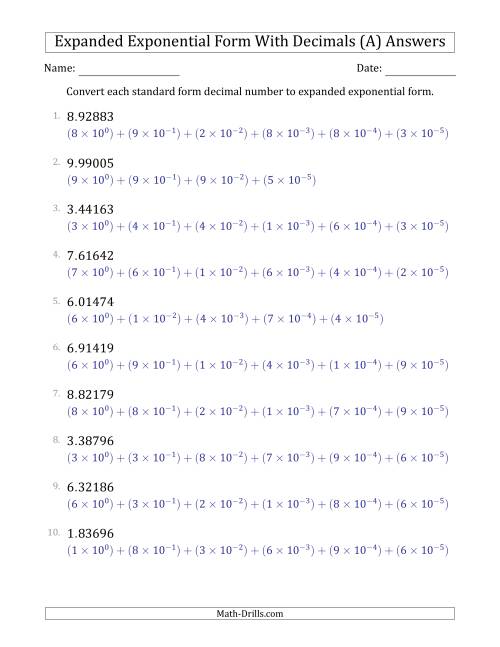 The Converting Standard Form Decimals to Expanded Exponential Form (1-Digit Before the Decimal; 5-Digits After the Decimal) (All) Math Worksheet Page 2