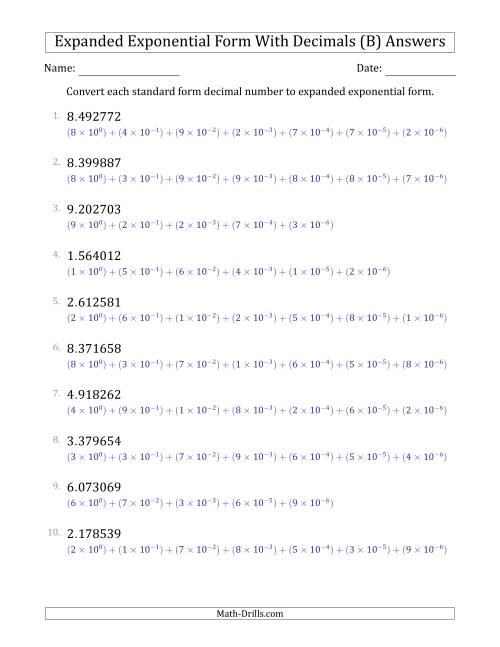 The Converting Standard Form Decimals to Expanded Exponential Form (1-Digit Before the Decimal; 6-Digits After the Decimal) (B) Math Worksheet Page 2
