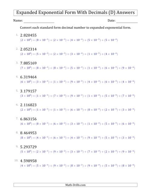 The Converting Standard Form Decimals to Expanded Exponential Form (1-Digit Before the Decimal; 6-Digits After the Decimal) (D) Math Worksheet Page 2