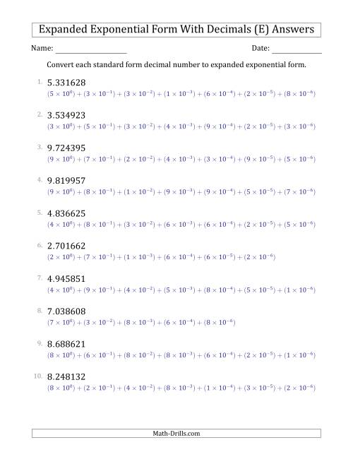 The Converting Standard Form Decimals to Expanded Exponential Form (1-Digit Before the Decimal; 6-Digits After the Decimal) (E) Math Worksheet Page 2