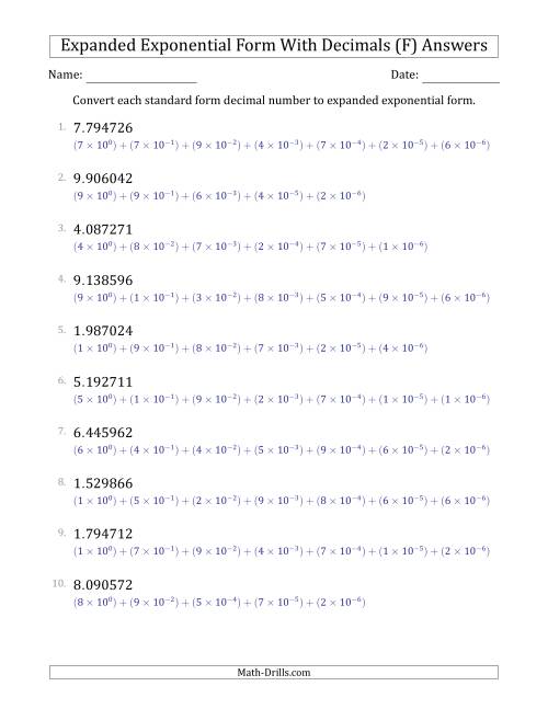 The Converting Standard Form Decimals to Expanded Exponential Form (1-Digit Before the Decimal; 6-Digits After the Decimal) (F) Math Worksheet Page 2