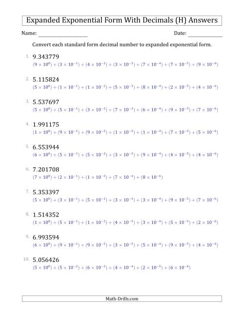 The Converting Standard Form Decimals to Expanded Exponential Form (1-Digit Before the Decimal; 6-Digits After the Decimal) (H) Math Worksheet Page 2