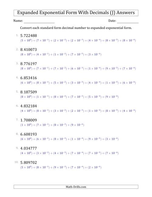 The Converting Standard Form Decimals to Expanded Exponential Form (1-Digit Before the Decimal; 6-Digits After the Decimal) (J) Math Worksheet Page 2