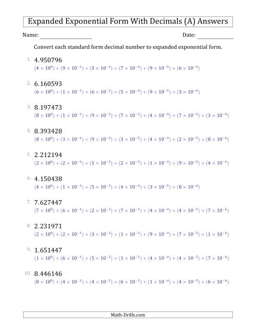 The Converting Standard Form Decimals to Expanded Exponential Form (1-Digit Before the Decimal; 6-Digits After the Decimal) (All) Math Worksheet Page 2
