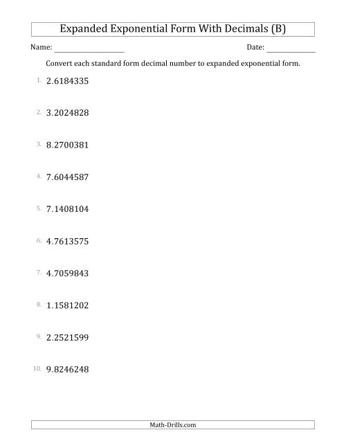 The Converting Standard Form Decimals to Expanded Exponential Form (1-Digit Before the Decimal; 7-Digits After the Decimal) (B) Math Worksheet