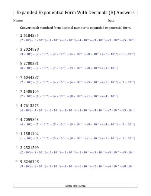 The Converting Standard Form Decimals to Expanded Exponential Form (1-Digit Before the Decimal; 7-Digits After the Decimal) (B) Math Worksheet Page 2