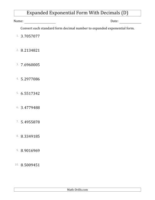 The Converting Standard Form Decimals to Expanded Exponential Form (1-Digit Before the Decimal; 7-Digits After the Decimal) (D) Math Worksheet
