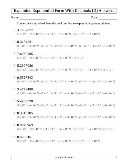 The Converting Standard Form Decimals to Expanded Exponential Form (1-Digit Before the Decimal; 7-Digits After the Decimal) (D) Math Worksheet Page 2