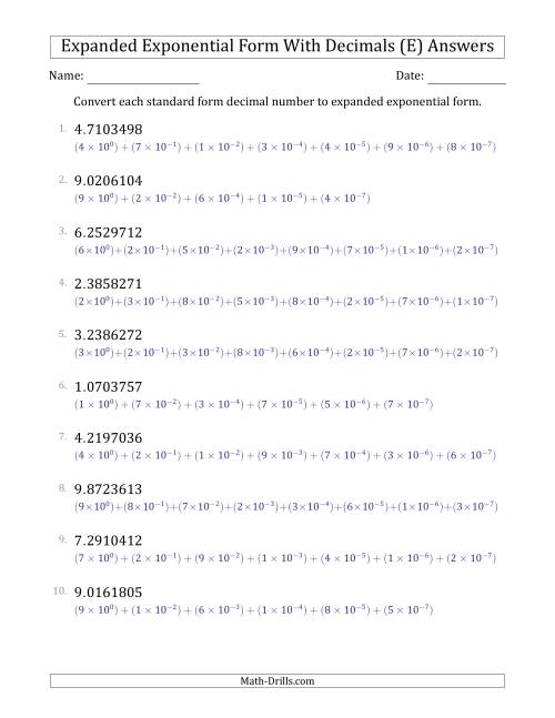 The Converting Standard Form Decimals to Expanded Exponential Form (1-Digit Before the Decimal; 7-Digits After the Decimal) (E) Math Worksheet Page 2