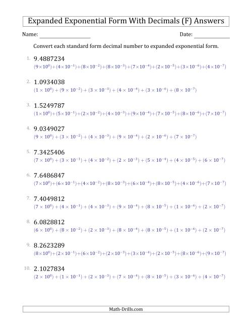 The Converting Standard Form Decimals to Expanded Exponential Form (1-Digit Before the Decimal; 7-Digits After the Decimal) (F) Math Worksheet Page 2
