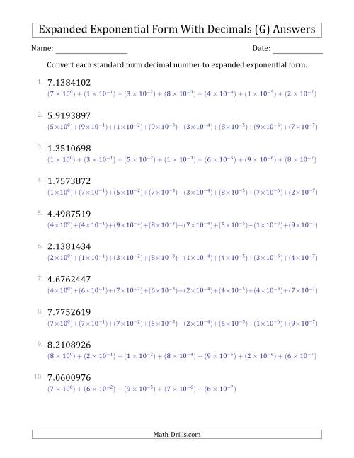 The Converting Standard Form Decimals to Expanded Exponential Form (1-Digit Before the Decimal; 7-Digits After the Decimal) (G) Math Worksheet Page 2