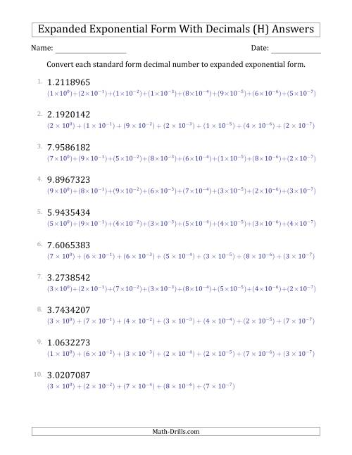 The Converting Standard Form Decimals to Expanded Exponential Form (1-Digit Before the Decimal; 7-Digits After the Decimal) (H) Math Worksheet Page 2
