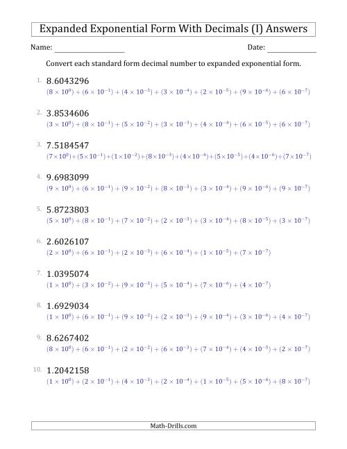 The Converting Standard Form Decimals to Expanded Exponential Form (1-Digit Before the Decimal; 7-Digits After the Decimal) (I) Math Worksheet Page 2