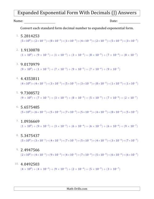The Converting Standard Form Decimals to Expanded Exponential Form (1-Digit Before the Decimal; 7-Digits After the Decimal) (J) Math Worksheet Page 2