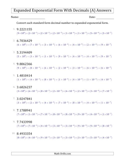 The Converting Standard Form Decimals to Expanded Exponential Form (1-Digit Before the Decimal; 7-Digits After the Decimal) (All) Math Worksheet Page 2
