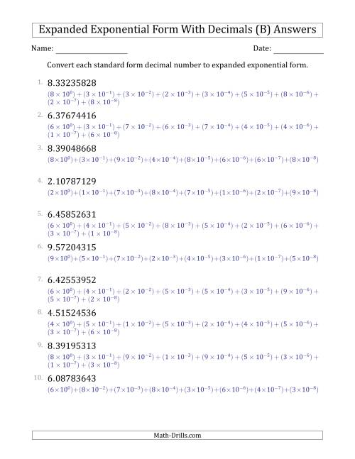 The Converting Standard Form Decimals to Expanded Exponential Form (1-Digit Before the Decimal; 8-Digits After the Decimal) (B) Math Worksheet Page 2