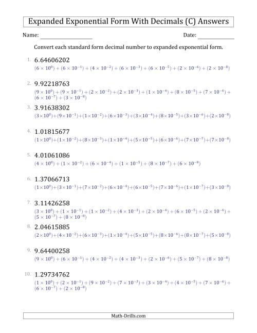 The Converting Standard Form Decimals to Expanded Exponential Form (1-Digit Before the Decimal; 8-Digits After the Decimal) (C) Math Worksheet Page 2