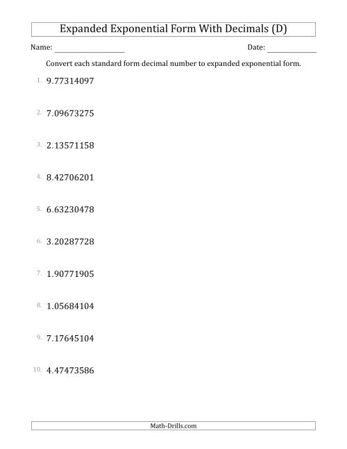 The Converting Standard Form Decimals to Expanded Exponential Form (1-Digit Before the Decimal; 8-Digits After the Decimal) (D) Math Worksheet