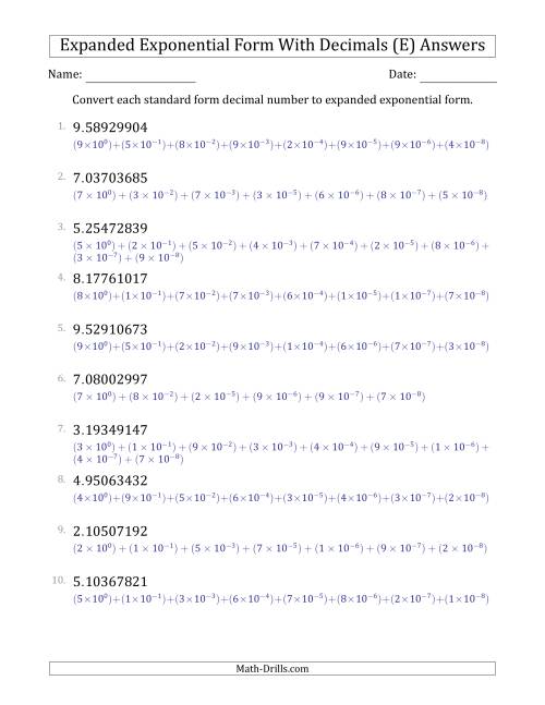 The Converting Standard Form Decimals to Expanded Exponential Form (1-Digit Before the Decimal; 8-Digits After the Decimal) (E) Math Worksheet Page 2