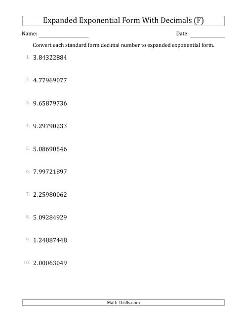 The Converting Standard Form Decimals to Expanded Exponential Form (1-Digit Before the Decimal; 8-Digits After the Decimal) (F) Math Worksheet
