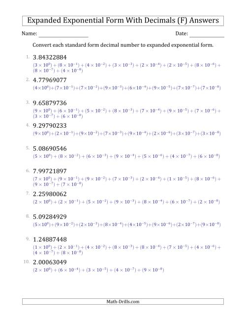 The Converting Standard Form Decimals to Expanded Exponential Form (1-Digit Before the Decimal; 8-Digits After the Decimal) (F) Math Worksheet Page 2