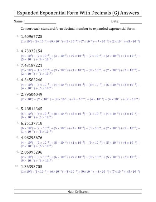 The Converting Standard Form Decimals to Expanded Exponential Form (1-Digit Before the Decimal; 8-Digits After the Decimal) (G) Math Worksheet Page 2