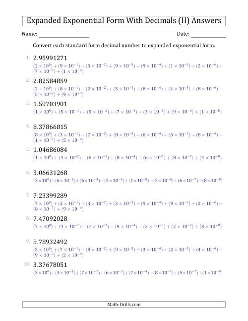 The Converting Standard Form Decimals to Expanded Exponential Form (1-Digit Before the Decimal; 8-Digits After the Decimal) (H) Math Worksheet Page 2