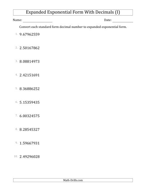 The Converting Standard Form Decimals to Expanded Exponential Form (1-Digit Before the Decimal; 8-Digits After the Decimal) (I) Math Worksheet