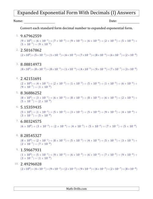 The Converting Standard Form Decimals to Expanded Exponential Form (1-Digit Before the Decimal; 8-Digits After the Decimal) (I) Math Worksheet Page 2
