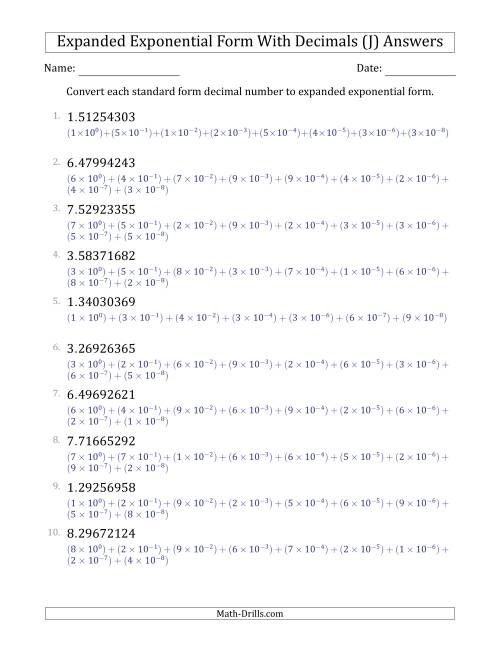 The Converting Standard Form Decimals to Expanded Exponential Form (1-Digit Before the Decimal; 8-Digits After the Decimal) (J) Math Worksheet Page 2