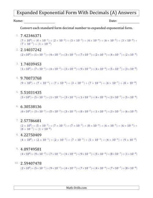 The Converting Standard Form Decimals to Expanded Exponential Form (1-Digit Before the Decimal; 8-Digits After the Decimal) (All) Math Worksheet Page 2