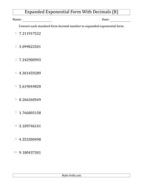 The Converting Standard Form Decimals to Expanded Exponential Form (1-Digit Before the Decimal; 9-Digits After the Decimal) (B) Math Worksheet