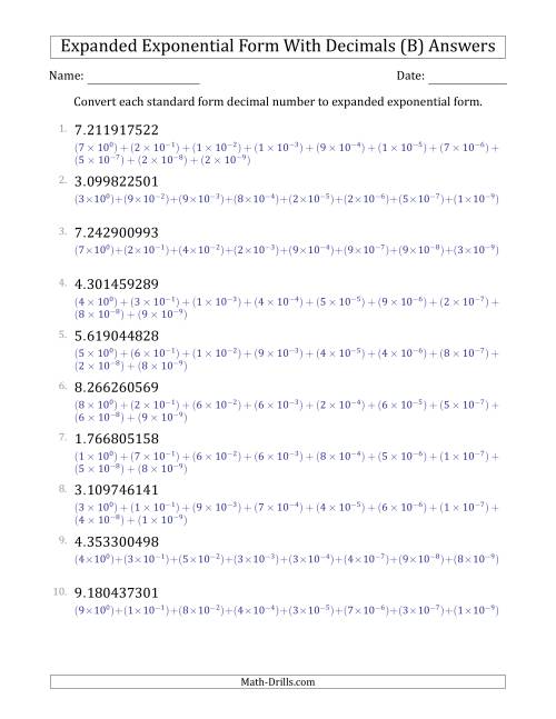 The Converting Standard Form Decimals to Expanded Exponential Form (1-Digit Before the Decimal; 9-Digits After the Decimal) (B) Math Worksheet Page 2