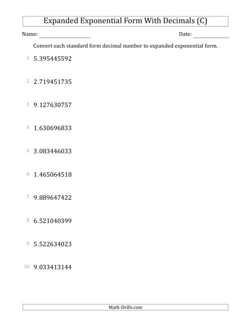 The Converting Standard Form Decimals to Expanded Exponential Form (1-Digit Before the Decimal; 9-Digits After the Decimal) (C) Math Worksheet