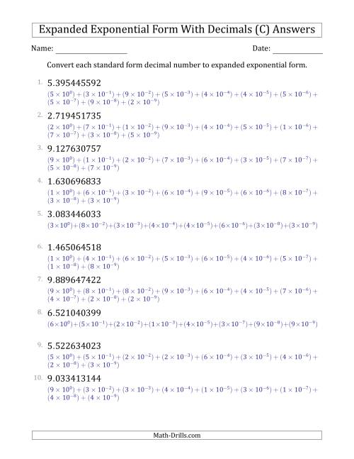 The Converting Standard Form Decimals to Expanded Exponential Form (1-Digit Before the Decimal; 9-Digits After the Decimal) (C) Math Worksheet Page 2
