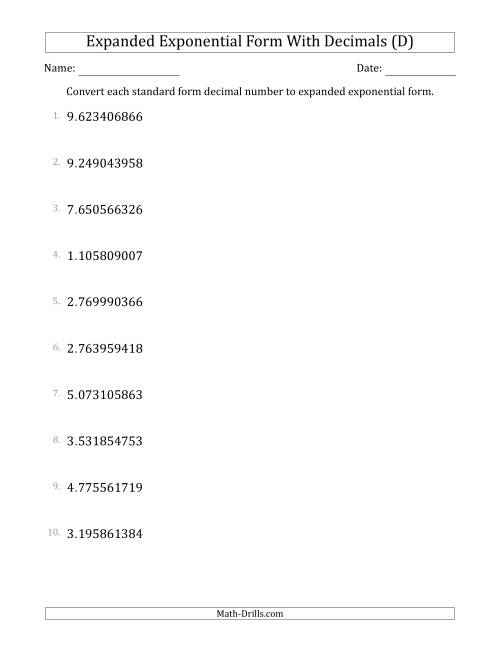 The Converting Standard Form Decimals to Expanded Exponential Form (1-Digit Before the Decimal; 9-Digits After the Decimal) (D) Math Worksheet