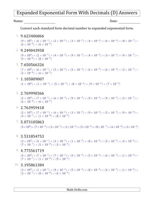 The Converting Standard Form Decimals to Expanded Exponential Form (1-Digit Before the Decimal; 9-Digits After the Decimal) (D) Math Worksheet Page 2