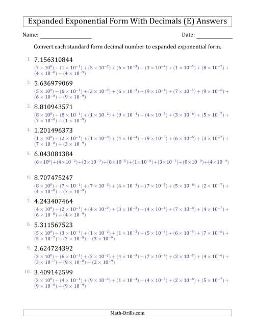 The Converting Standard Form Decimals to Expanded Exponential Form (1-Digit Before the Decimal; 9-Digits After the Decimal) (E) Math Worksheet Page 2