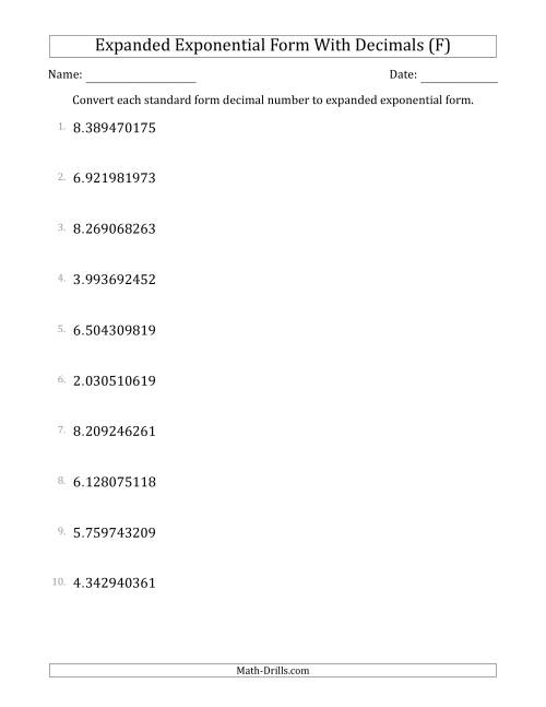 The Converting Standard Form Decimals to Expanded Exponential Form (1-Digit Before the Decimal; 9-Digits After the Decimal) (F) Math Worksheet