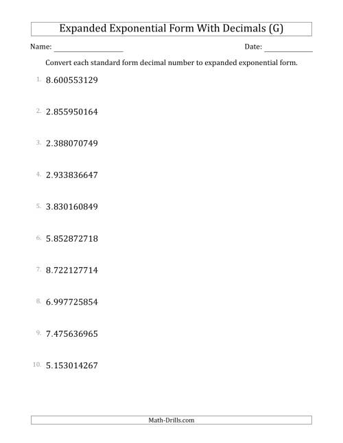 The Converting Standard Form Decimals to Expanded Exponential Form (1-Digit Before the Decimal; 9-Digits After the Decimal) (G) Math Worksheet
