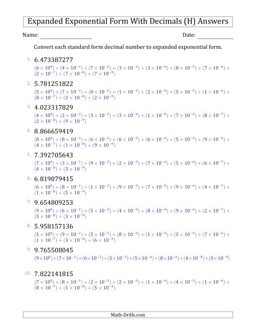 The Converting Standard Form Decimals to Expanded Exponential Form (1-Digit Before the Decimal; 9-Digits After the Decimal) (H) Math Worksheet Page 2