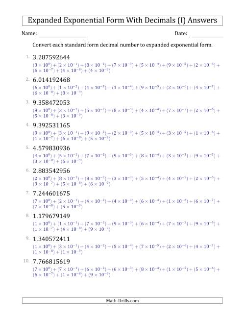 The Converting Standard Form Decimals to Expanded Exponential Form (1-Digit Before the Decimal; 9-Digits After the Decimal) (I) Math Worksheet Page 2