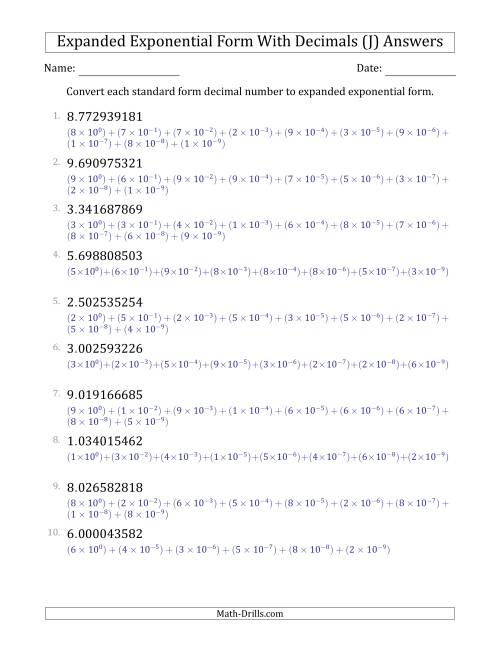 The Converting Standard Form Decimals to Expanded Exponential Form (1-Digit Before the Decimal; 9-Digits After the Decimal) (J) Math Worksheet Page 2