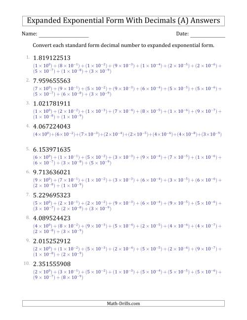 The Converting Standard Form Decimals to Expanded Exponential Form (1-Digit Before the Decimal; 9-Digits After the Decimal) (All) Math Worksheet Page 2
