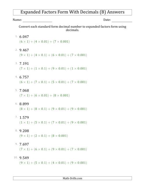The Converting Standard Form Decimals to Expanded Factors Form Using Decimals (1-Digit Before the Decimal; 3-Digits After the Decimal) (B) Math Worksheet Page 2