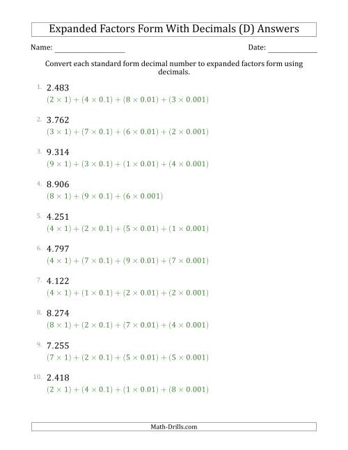 The Converting Standard Form Decimals to Expanded Factors Form Using Decimals (1-Digit Before the Decimal; 3-Digits After the Decimal) (D) Math Worksheet Page 2