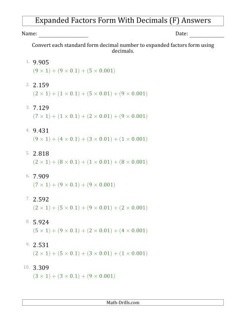 The Converting Standard Form Decimals to Expanded Factors Form Using Decimals (1-Digit Before the Decimal; 3-Digits After the Decimal) (F) Math Worksheet Page 2