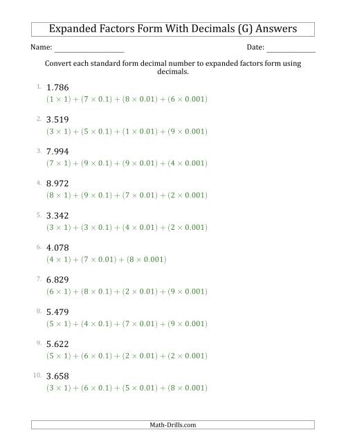 The Converting Standard Form Decimals to Expanded Factors Form Using Decimals (1-Digit Before the Decimal; 3-Digits After the Decimal) (G) Math Worksheet Page 2